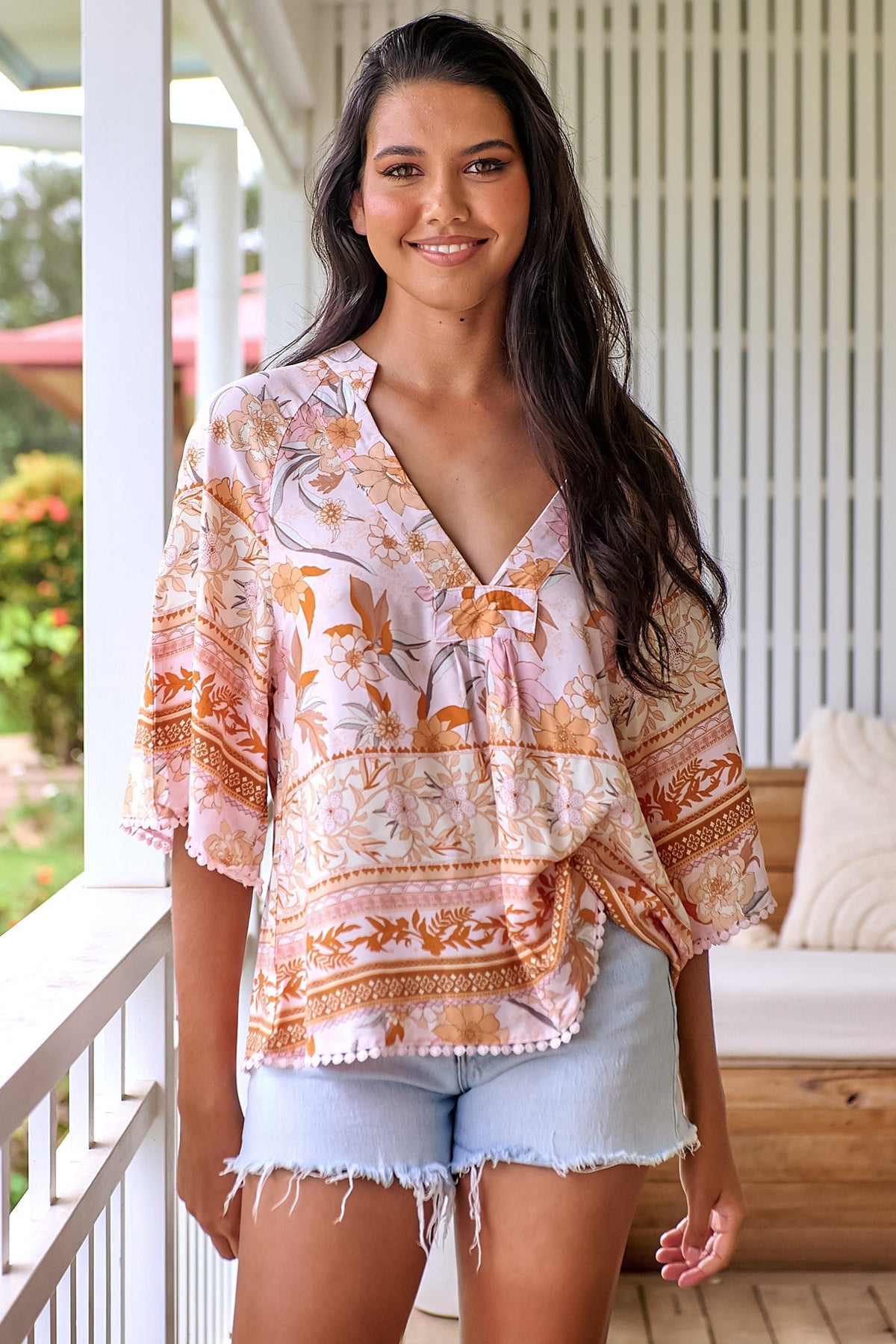 JAASE - Gabriella Top: Mandarin Collar Deep V Neck Crochet Trim Top in Peach Dahlia Print