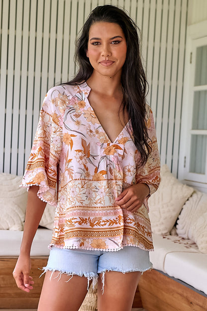JAASE - Gabriella Top: Mandarin Collar Deep V Neck Crochet Trim Top in Peach Dahlia Print