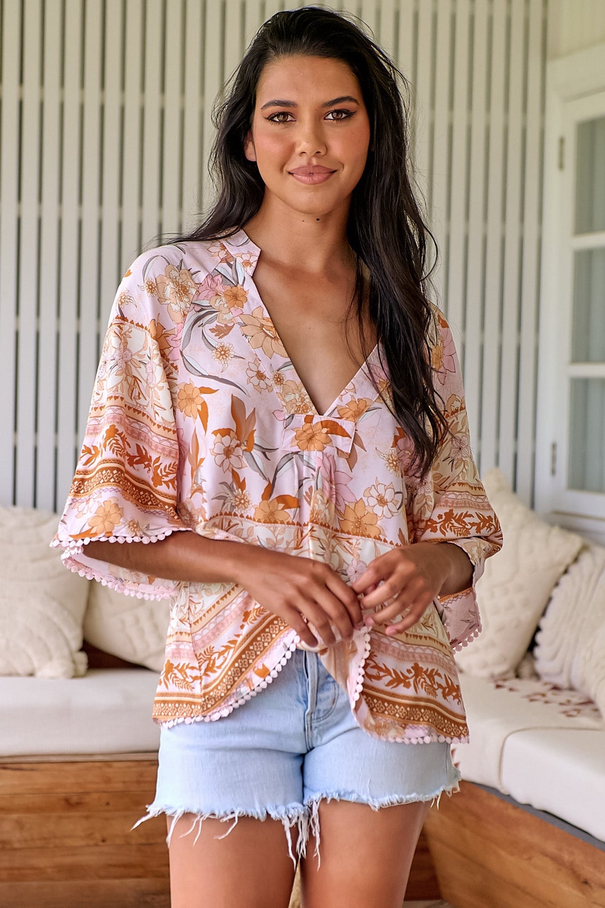 JAASE - Gabriella Top: Mandarin Collar Deep V Neck Crochet Trim Top in Peach Dahlia Print