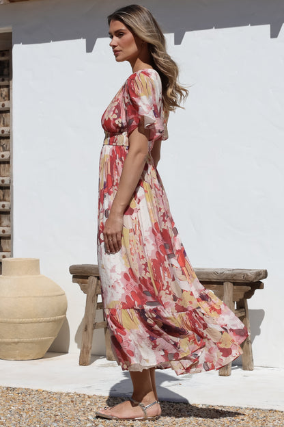 Glades Maxi Dress - V Neck Shirred Waist A Line Dress in Kamara Print Red