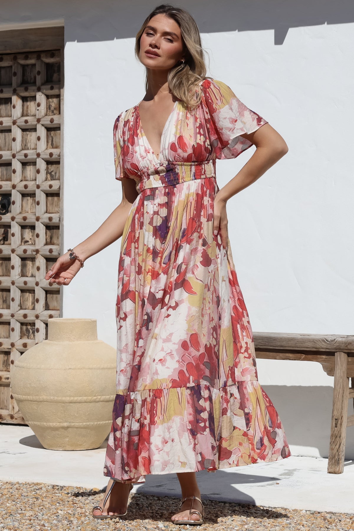 Glades Maxi Dress - V Neck Shirred Waist A Line Dress in Kamara Print Red