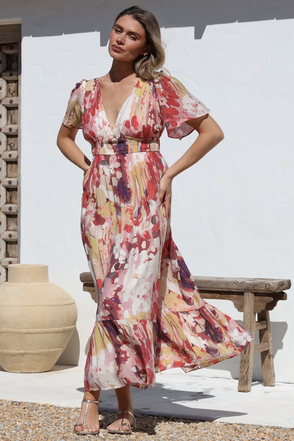 Glades Maxi Dress - V Neck Shirred Waist A Line Dress in Kamara Print Red