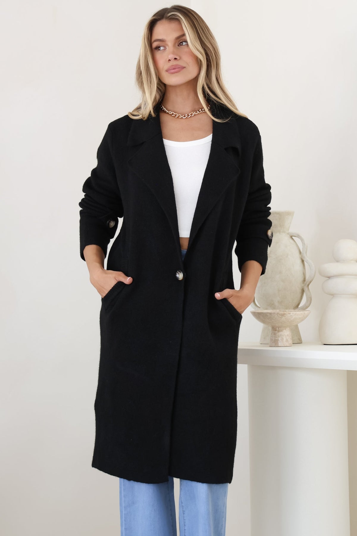Griffin Cardigan - Collared Button Closure Coatigan with Pockets in Black