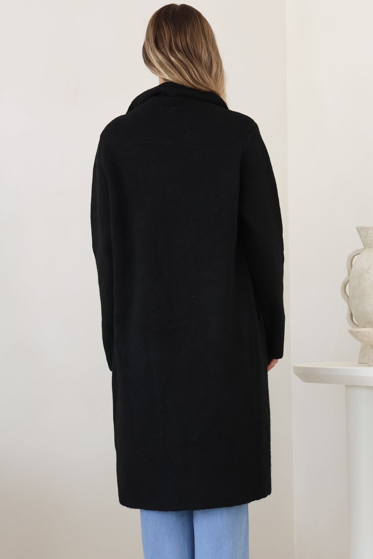 Griffin Cardigan - Collared Button Closure Coatigan with Pockets in Black