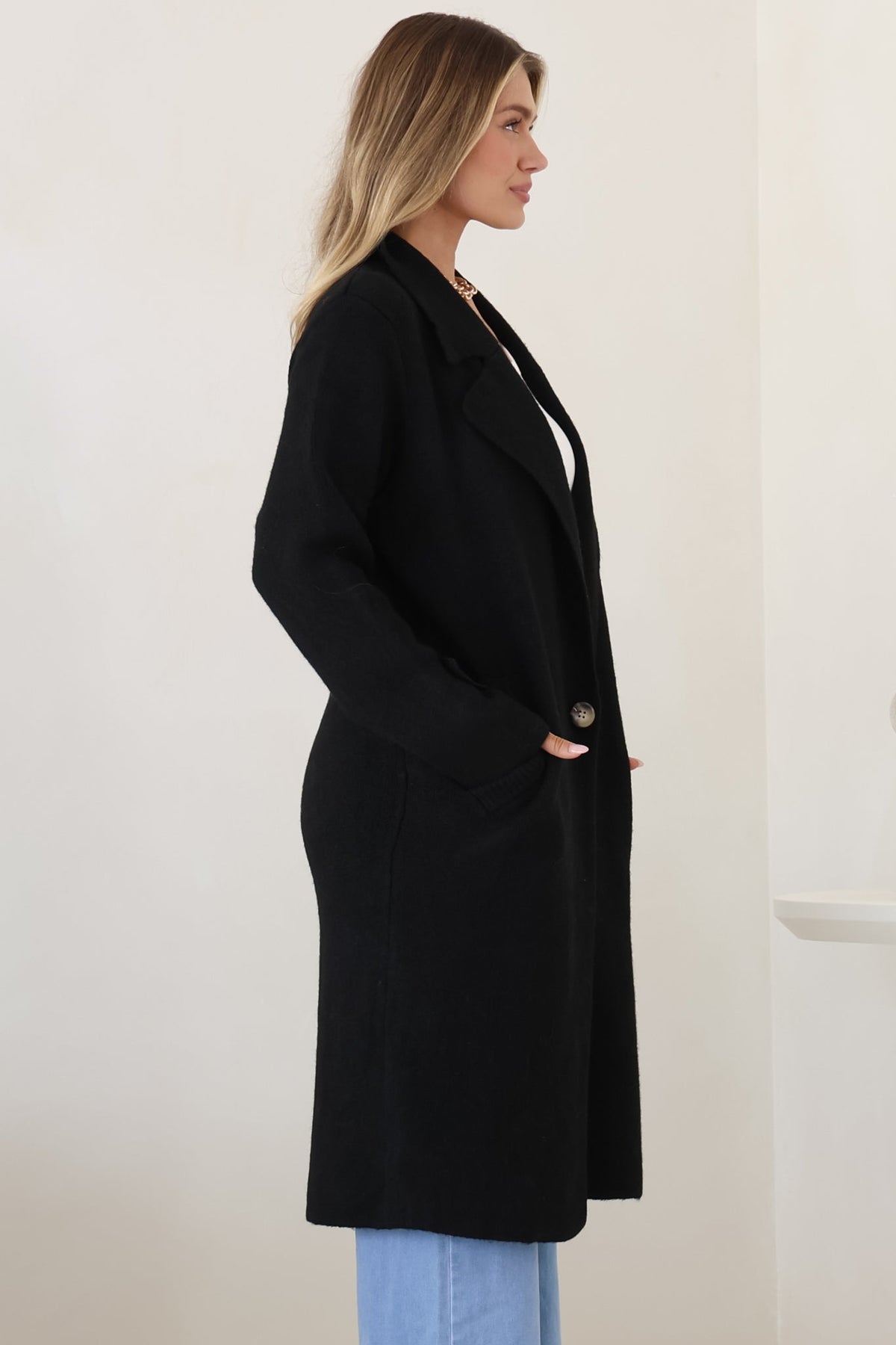 Griffin Cardigan - Collared Button Closure Coatigan with Pockets in Black