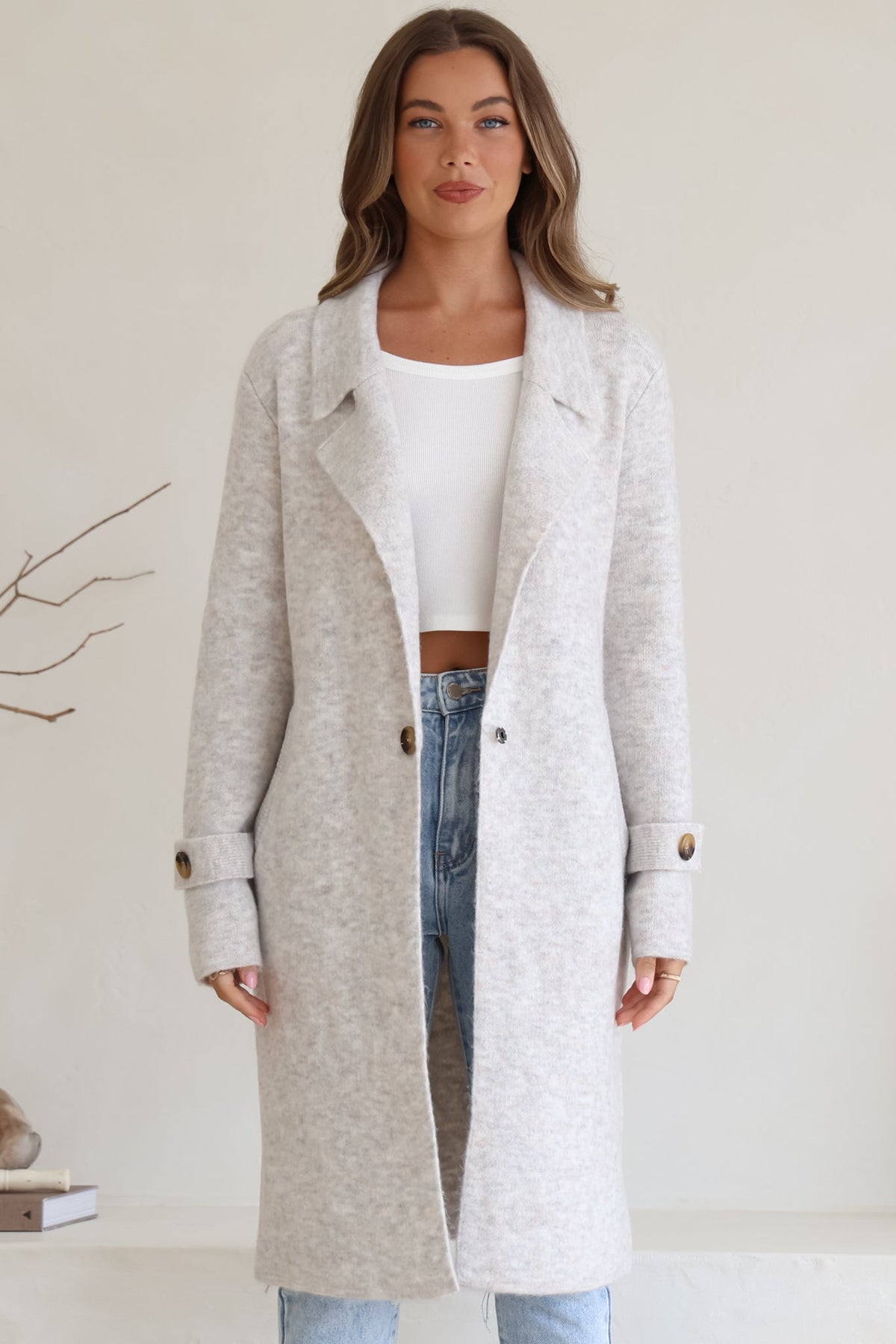 Griffin Cardigan - Collared Button Closure Coatigan with Pockets in Grey