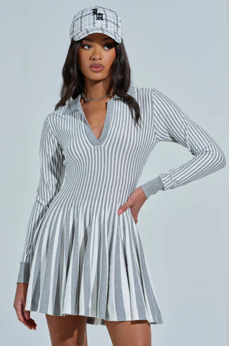 ALINA PLEATED KNIT FIT AND FLARE MINI DRESS WITH LONG SLEEVES IN GREY MULTI