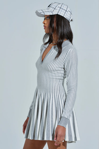 ALINA PLEATED KNIT FIT AND FLARE MINI DRESS WITH LONG SLEEVES IN GREY MULTI