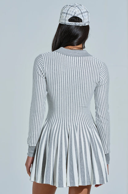 ALINA PLEATED KNIT FIT AND FLARE MINI DRESS WITH LONG SLEEVES IN GREY MULTI
