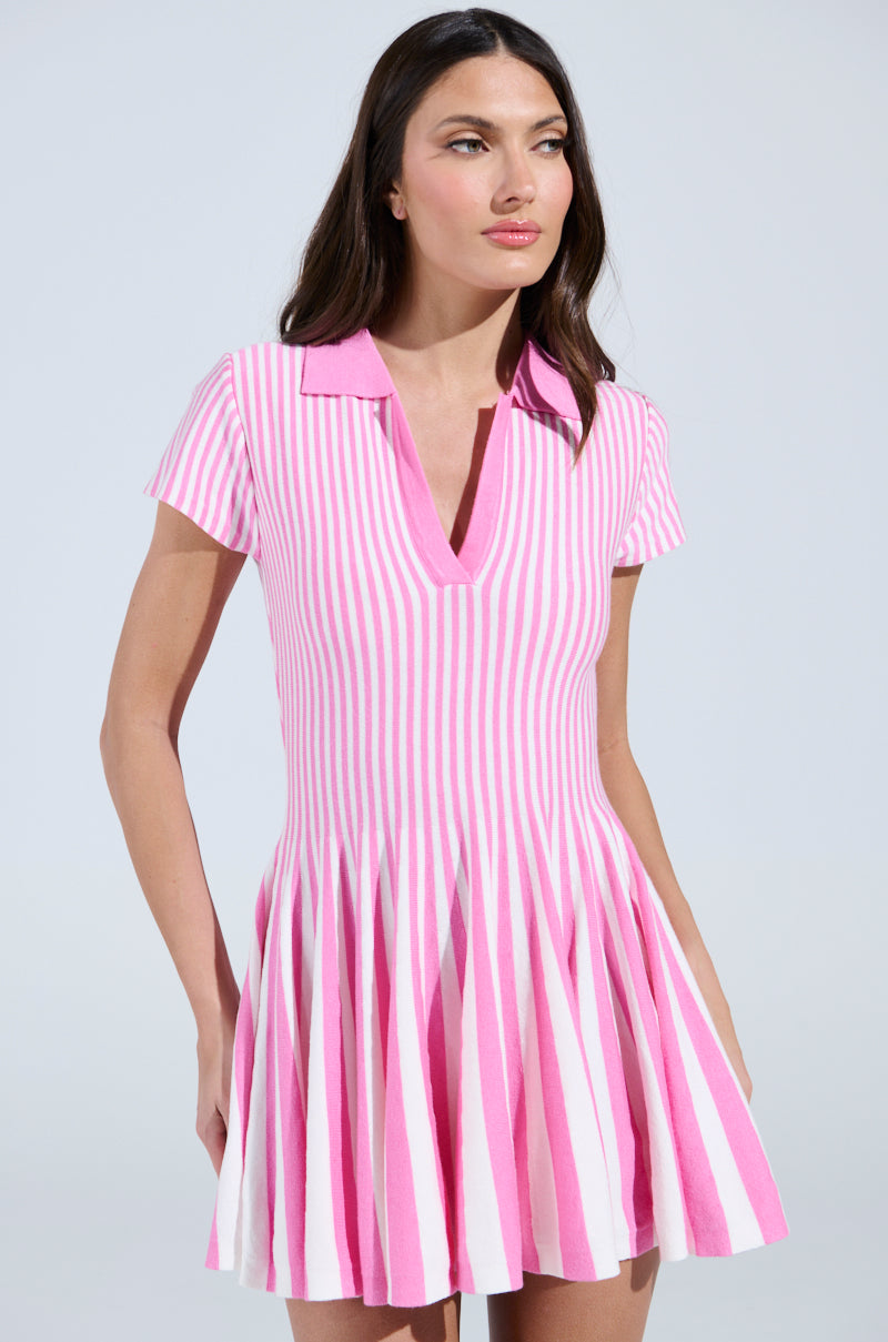 ALINA PLEATED KNIT FIT AND FLARE MINI DRESS IN PINK MULTI