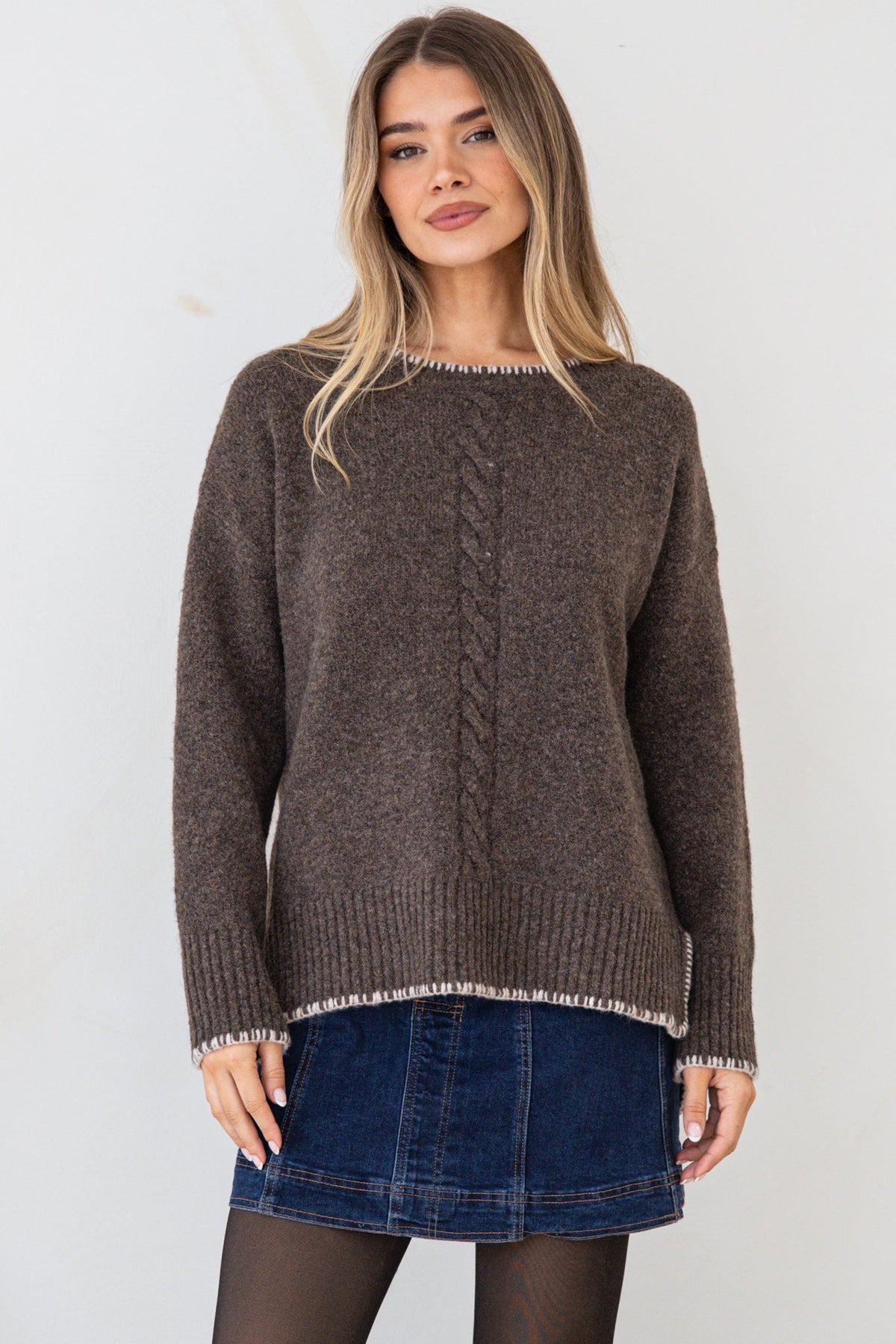Halo Jumper - Crew Neck Cable Detailed Step Hem Knit with Contrast Hemlines in Dark Brown