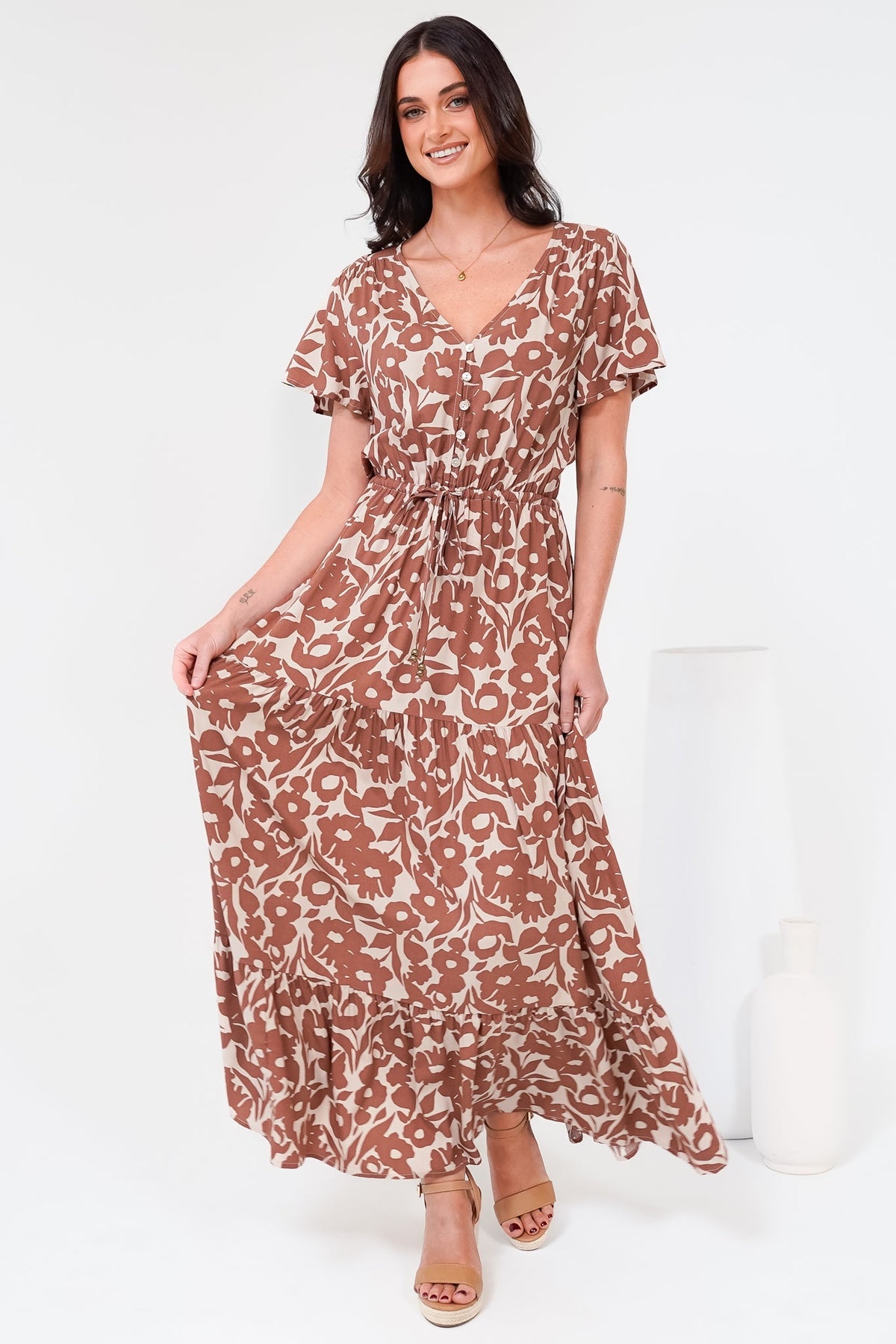 Hanna Maxi Dress - Cap Sleeve Tiered A Line Dress with Toggle Detailed Waist Tie in Emma-Jade Print Brown