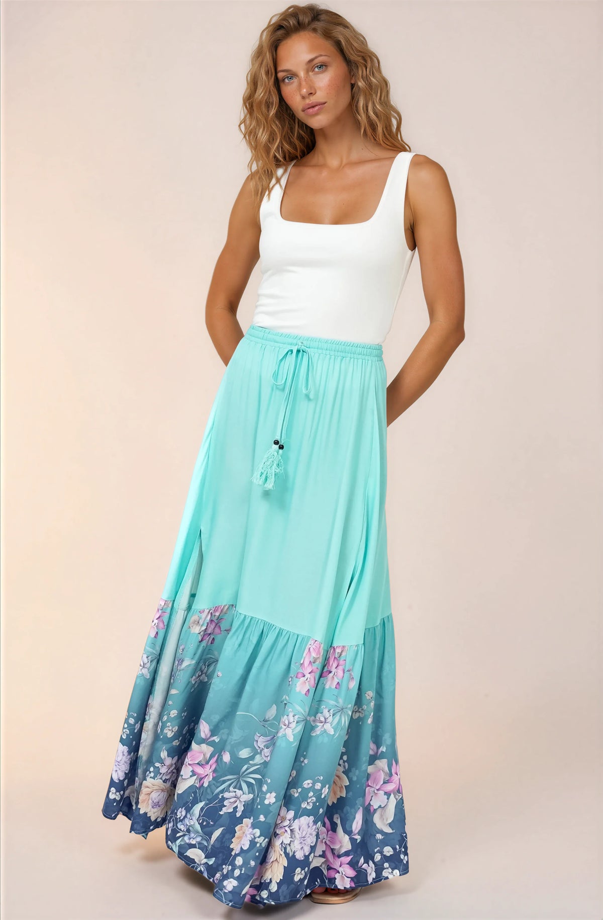 Hellen Maxi Skirt - High Waisted Skirt with Front Splits in Candyce Print Blue