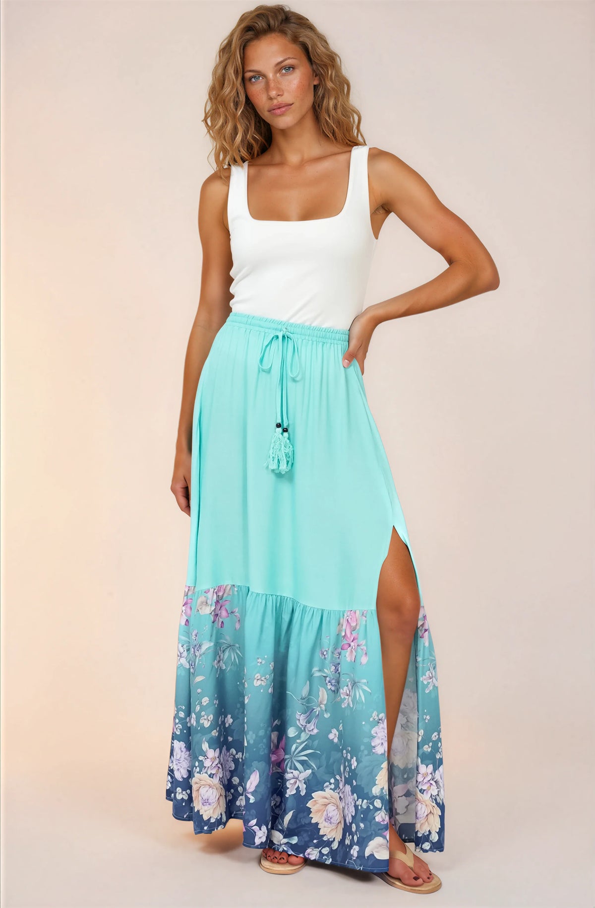 Hellen Maxi Skirt - High Waisted Skirt with Front Splits in Candyce Print Blue