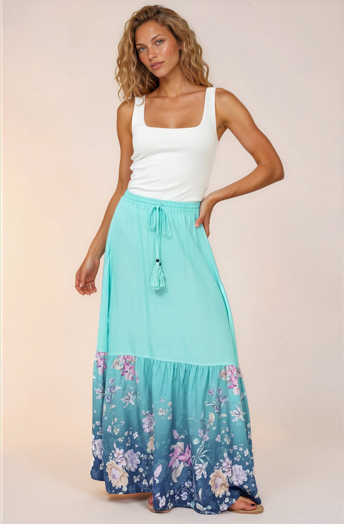 Hellen Maxi Skirt - High Waisted Skirt with Front Splits in Candyce Print Blue