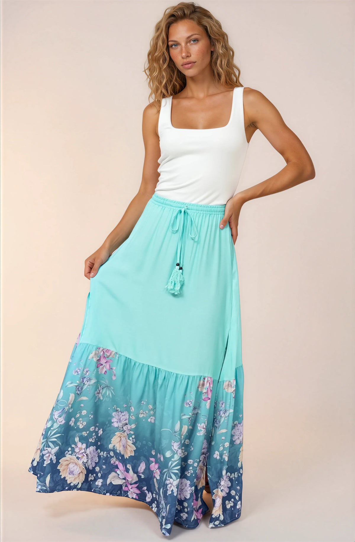 Hellen Maxi Skirt - High Waisted Skirt with Front Splits in Candyce Print Blue