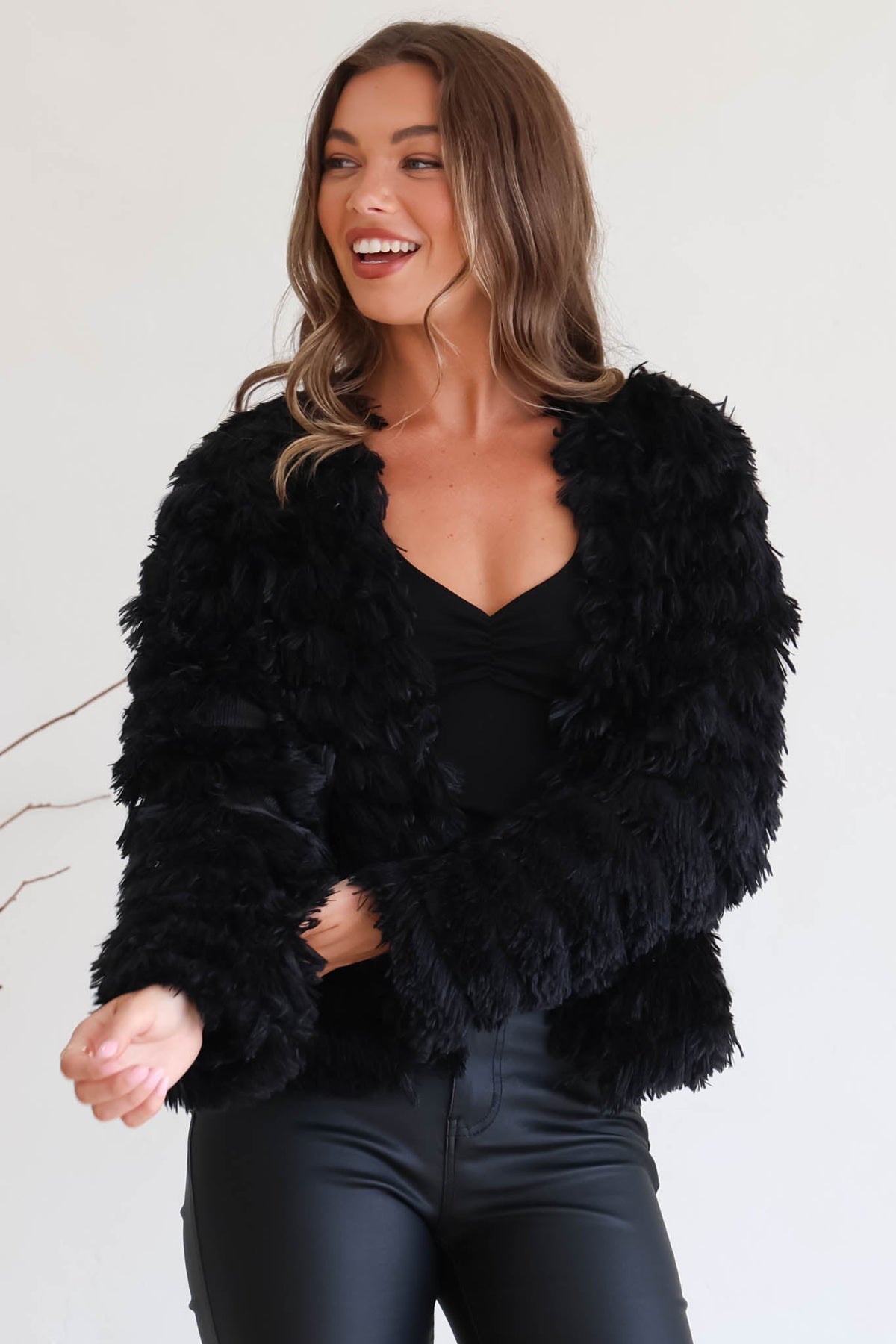 Hilton Jacket - Faux Fur Open Front Jacket in Black