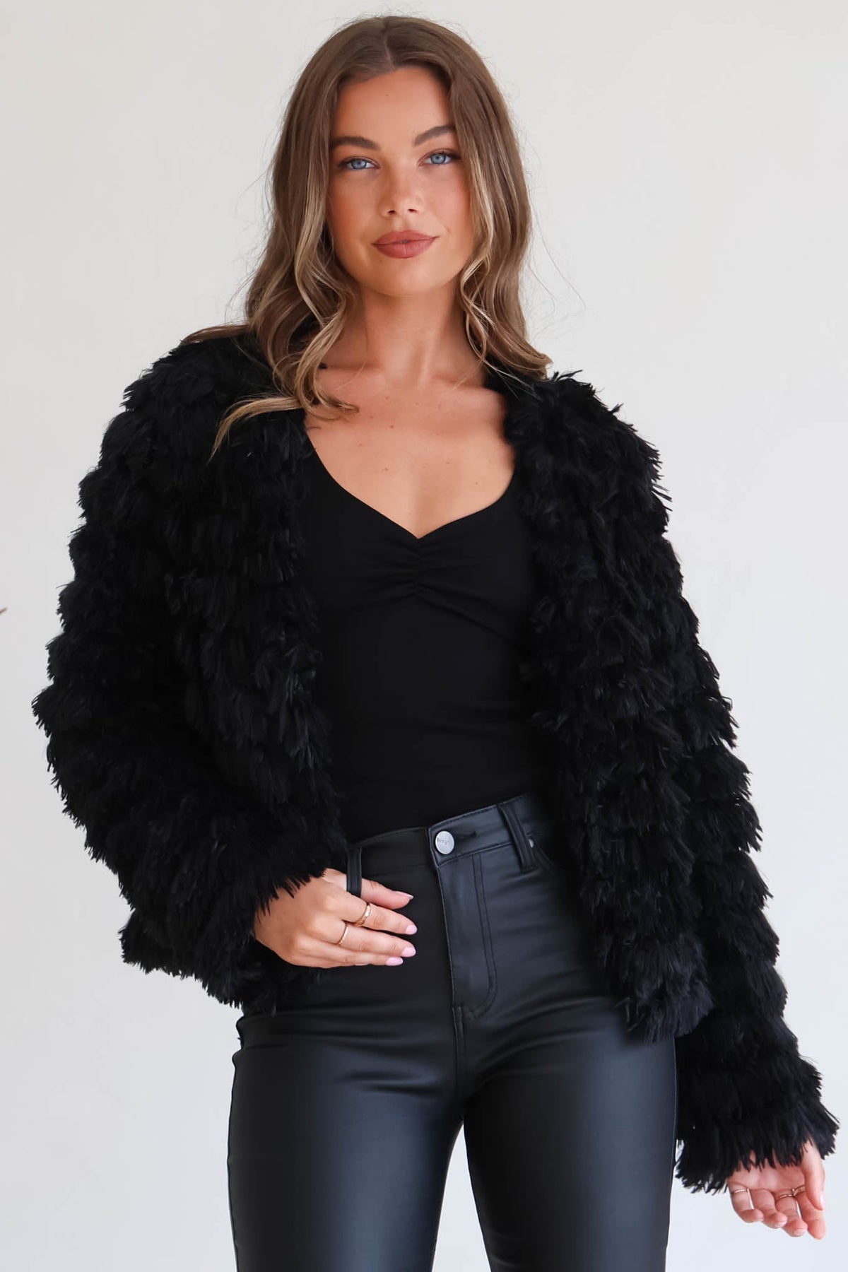 Hilton Jacket - Faux Fur Open Front Jacket in Black