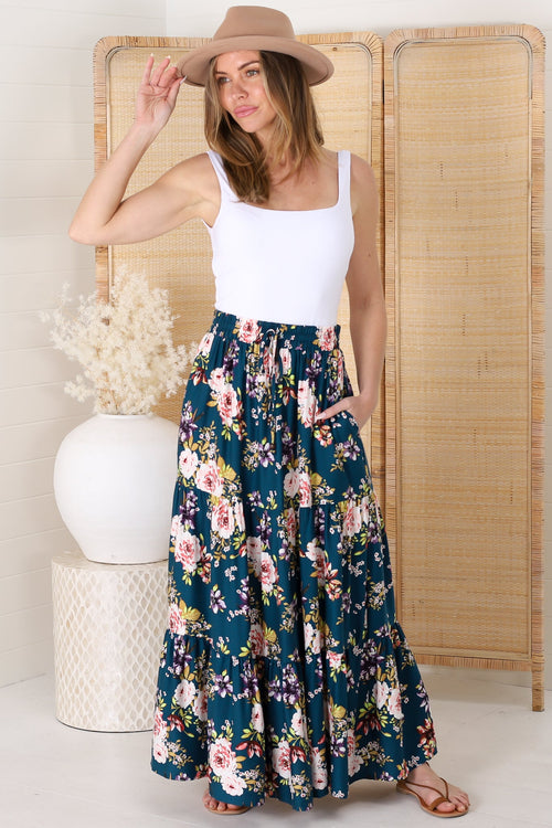 Lucien Maxi Skirt - High Waisted Tiered Skirt in Virginia Print Navy