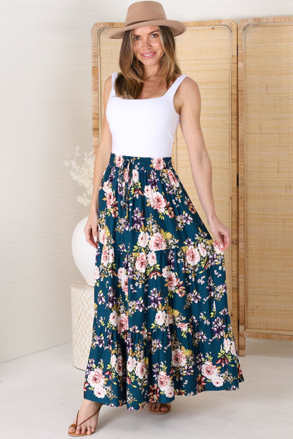 Lucien Maxi Skirt - High Waisted Tiered Skirt in Virginia Print Navy