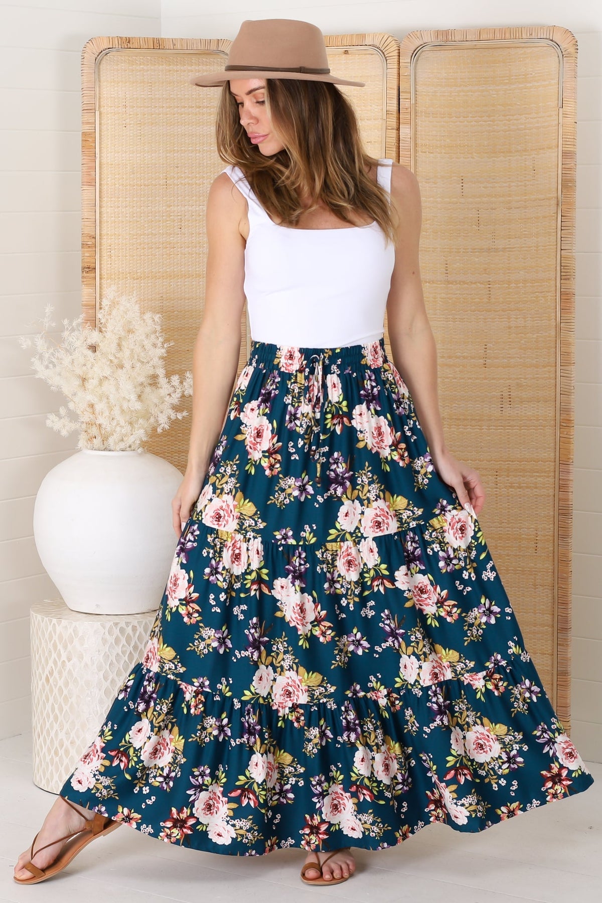 Lucien Maxi Skirt - High Waisted Tiered Skirt in Virginia Print Navy