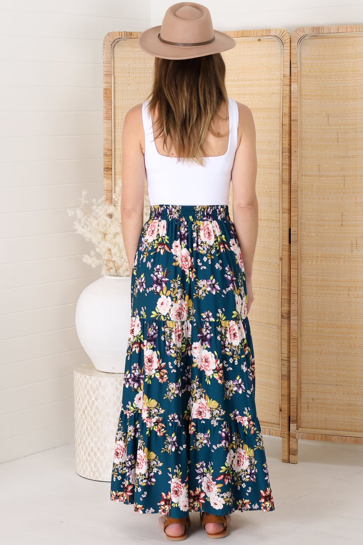 Lucien Maxi Skirt - High Waisted Tiered Skirt in Virginia Print Navy