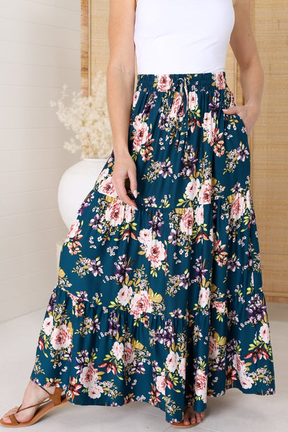 Lucien Maxi Skirt - High Waisted Tiered Skirt in Virginia Print Navy