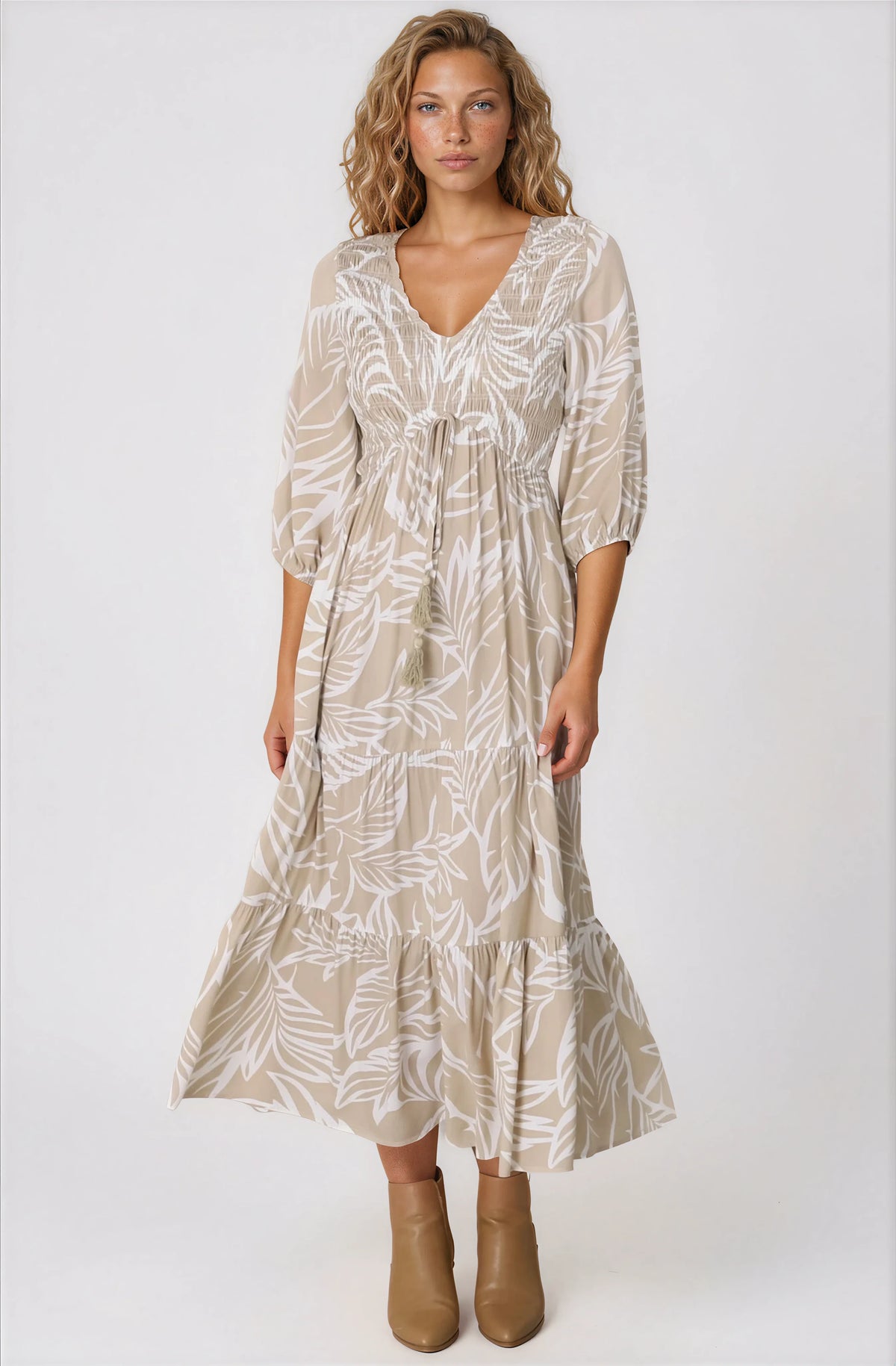 Jaden Midi Dress - Elasticated Bodice A-Line Dress in Jeani Print Beige