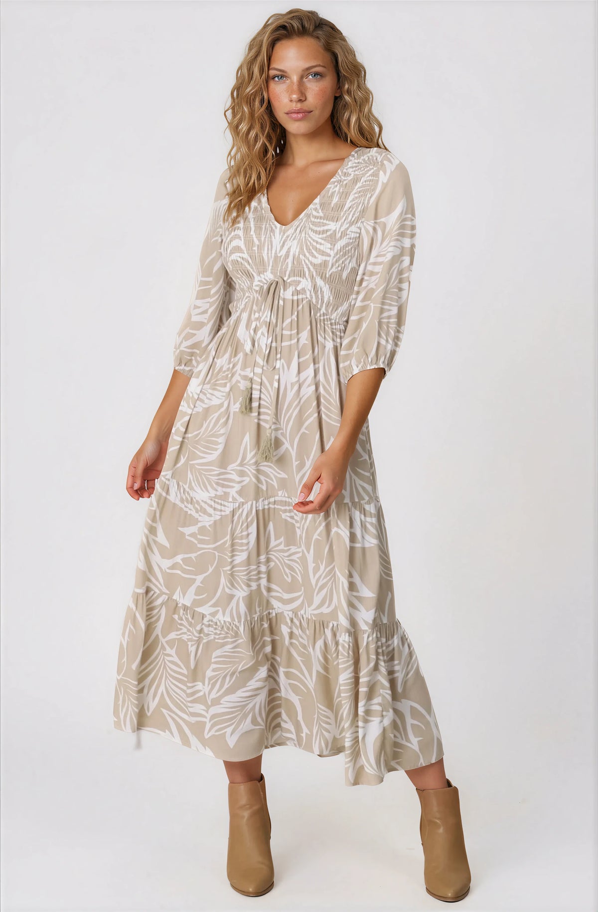Jaden Midi Dress - Elasticated Bodice A-Line Dress in Jeani Print Beige