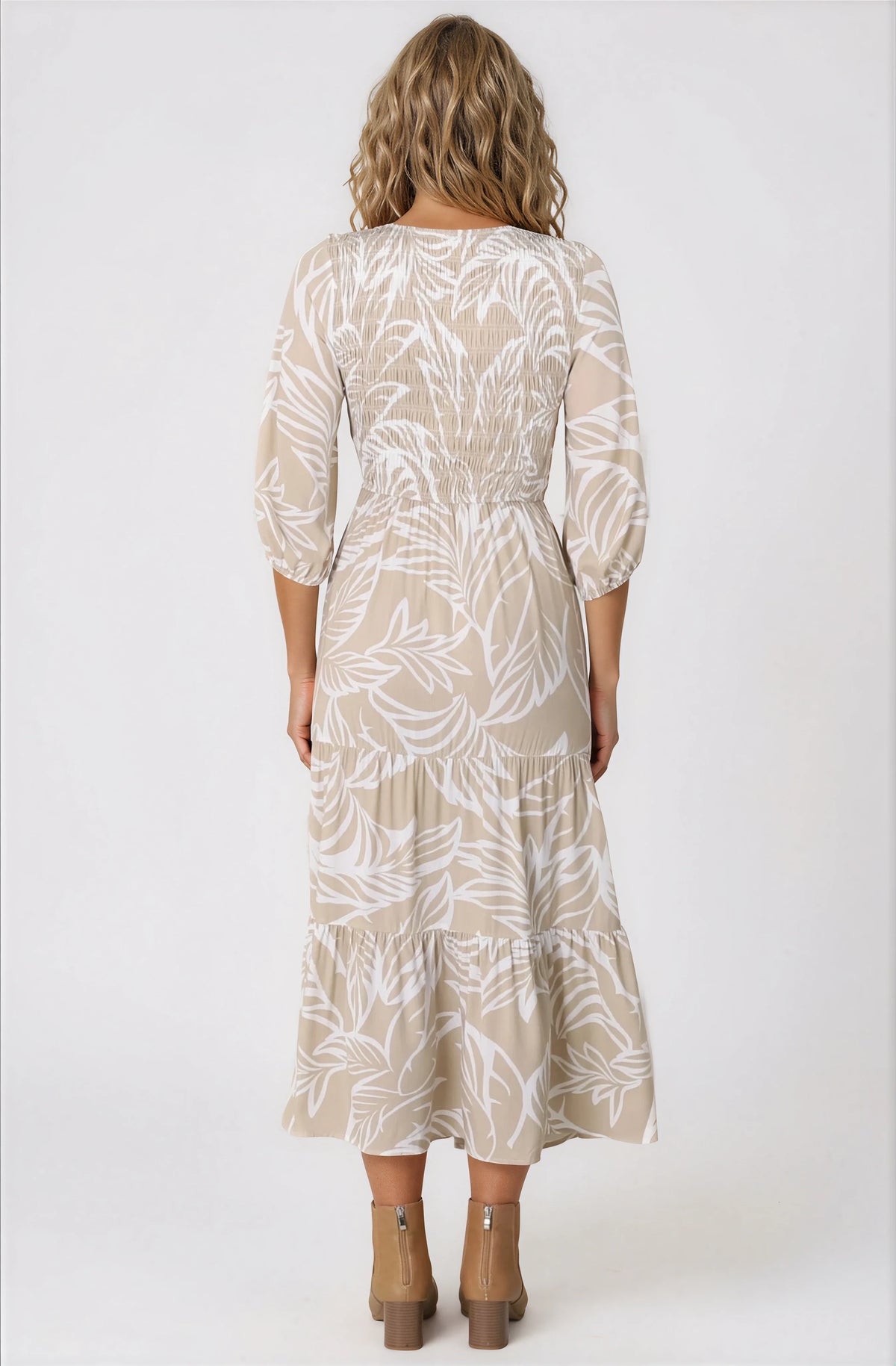 Jaden Midi Dress - Elasticated Bodice A-Line Dress in Jeani Print Beige