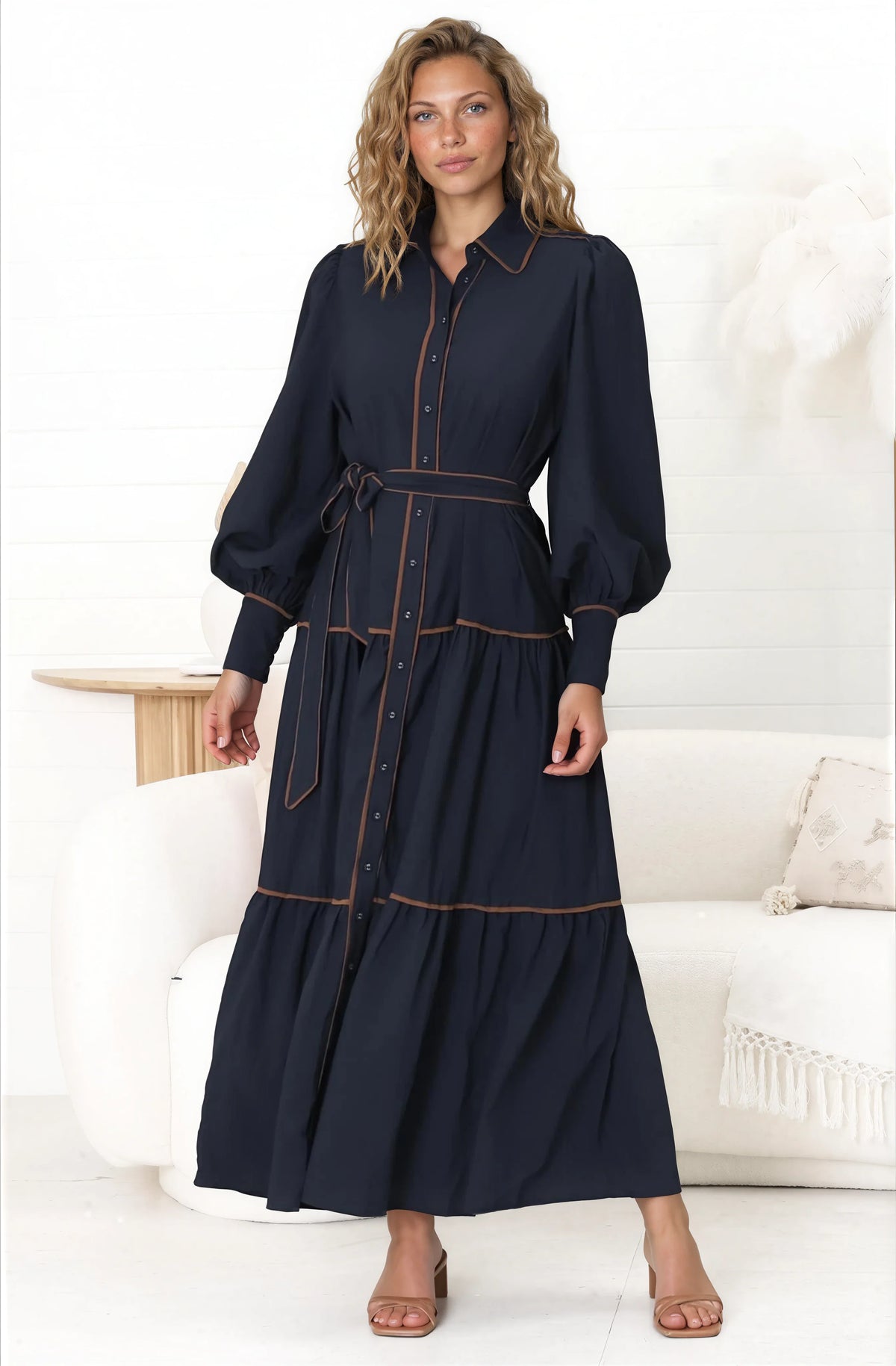 Marise Maxi Dress - A Line Dress with Collared Neckline and Long Sleeves in Navy
