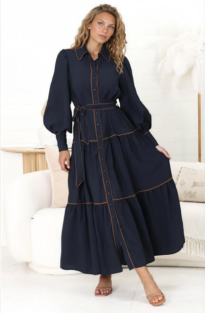 Marise Maxi Dress - A Line Dress with Collared Neckline and Long Sleeves in Navy