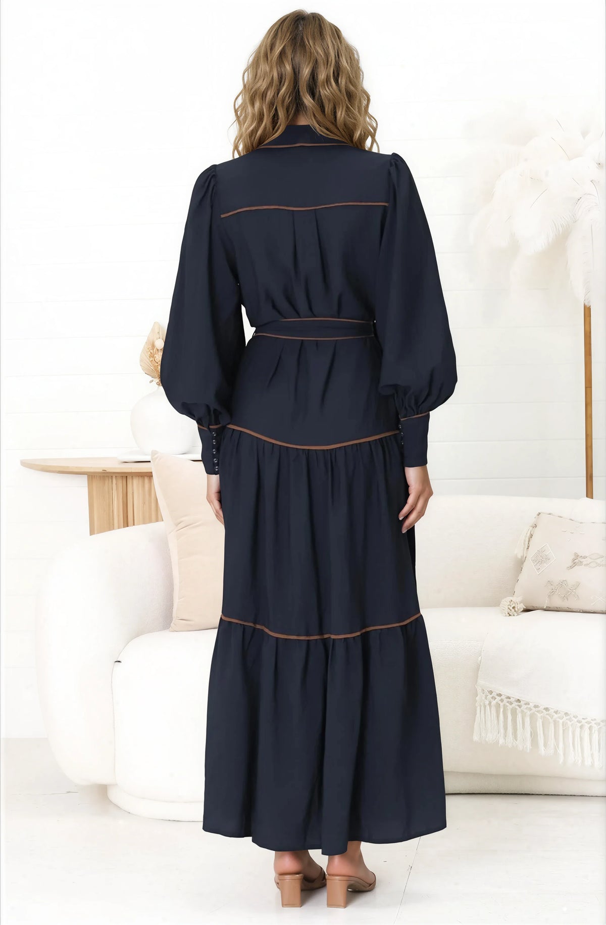 Marise Maxi Dress - A Line Dress with Collared Neckline and Long Sleeves in Navy