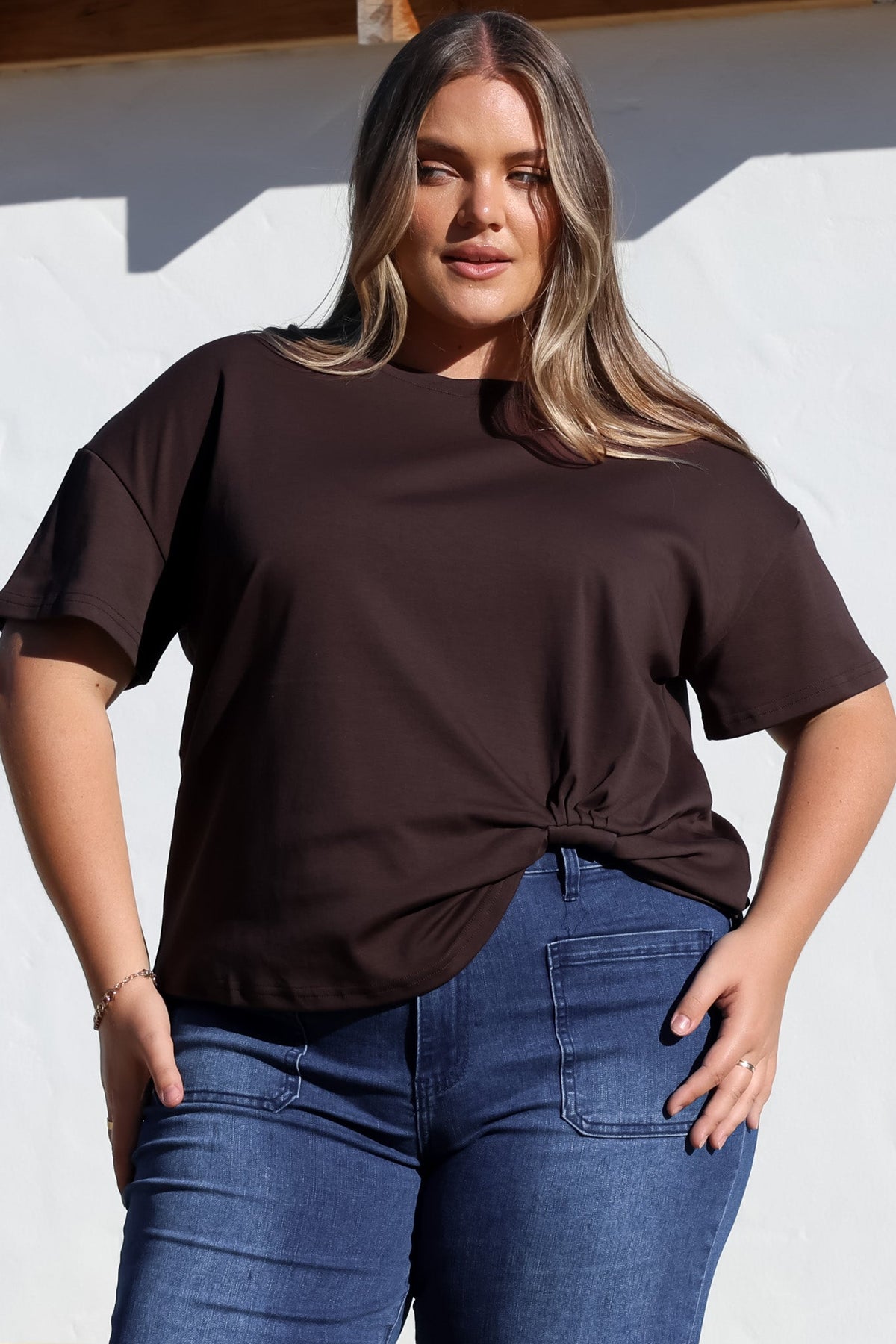 Tuck T-Shirt - Round Neckline Cotton Tee with Gathered Front Detail in Chocolate