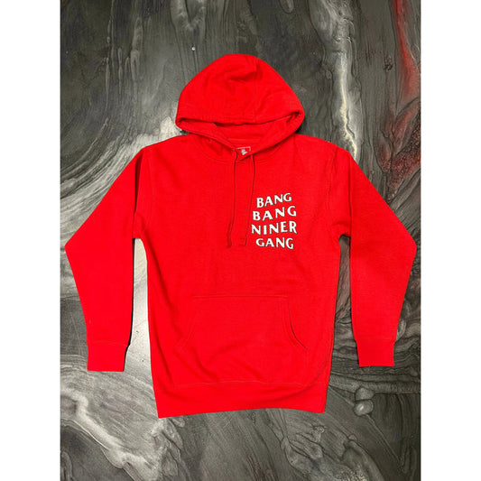 A vibrant red hoodie with Bang Bang Niner Gang logo on the front