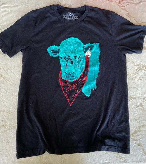 Pre-Loved Crazy Train Turquoise Cow Graphic Tee *Size Large - Deer Creek Mercantile