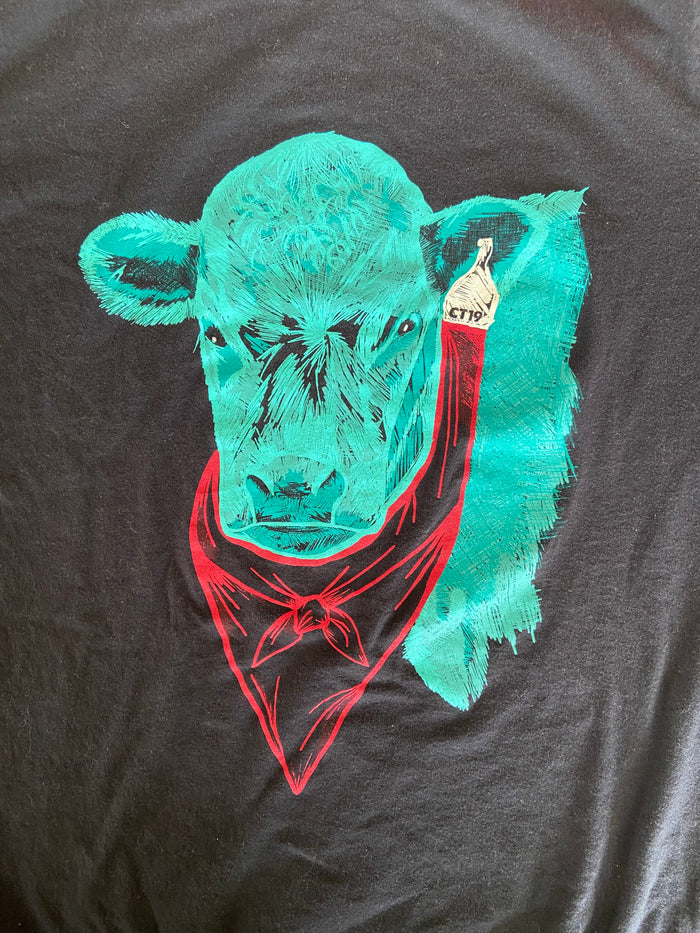 Pre-Loved Crazy Train Turquoise Cow Graphic Tee *Size Large - Deer Creek Mercantile