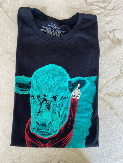 Pre-Loved Crazy Train Turquoise Cow Graphic Tee *Size Large - Deer Creek Mercantile