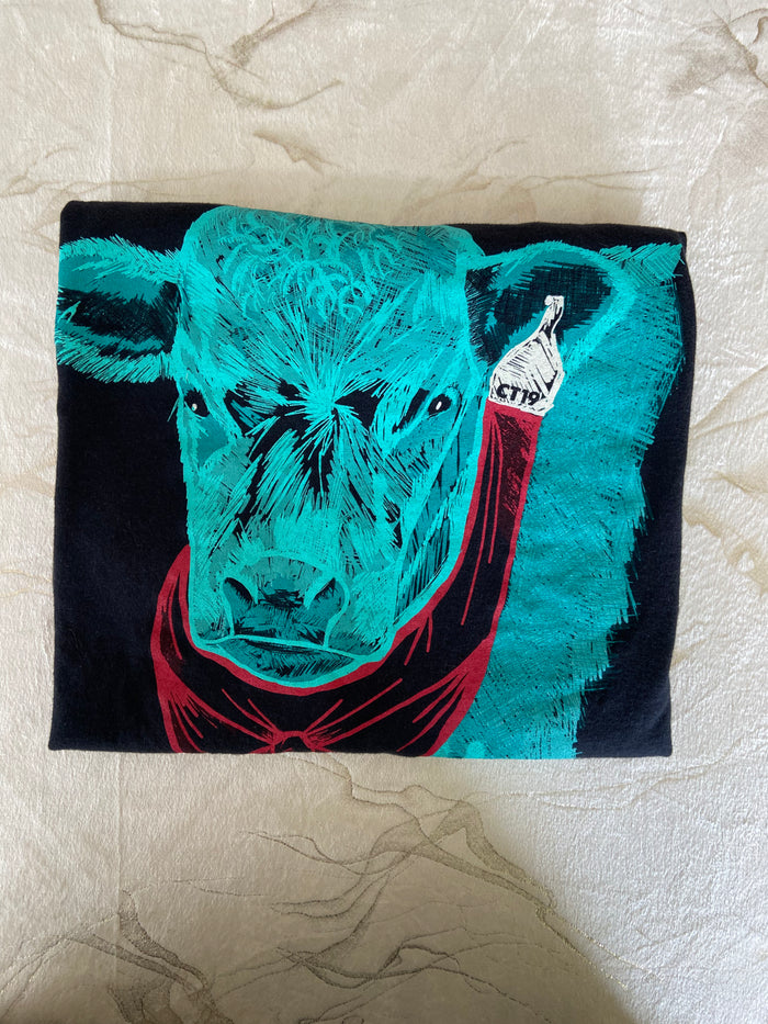 Pre-Loved Crazy Train Turquoise Cow Graphic Tee *Size Large - Deer Creek Mercantile