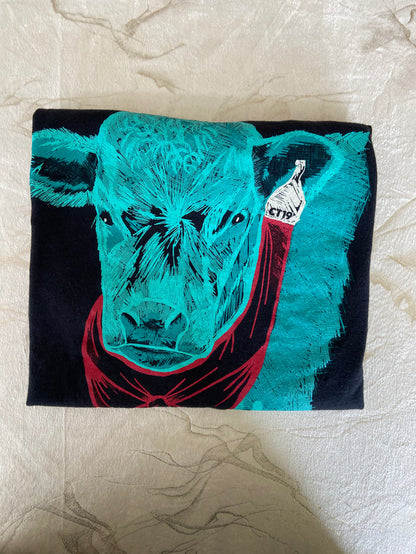 Pre-Loved Crazy Train Turquoise Cow Graphic Tee *Size Large - Deer Creek Mercantile