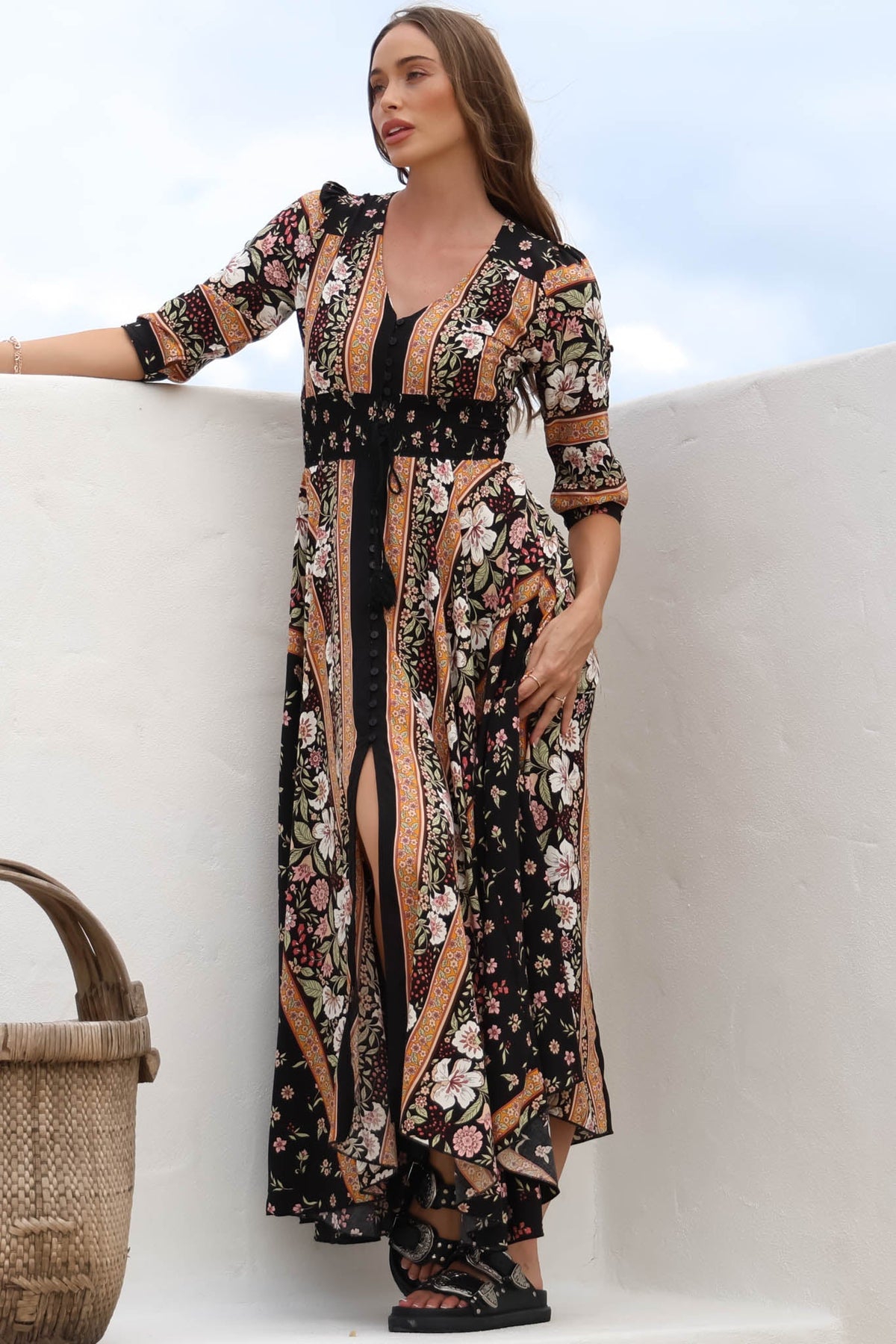 JAASE - Indiana Maxi Dress: Lace Back Shirred Waist A Line Dress with Handkerchief Hemline in Eternity Print