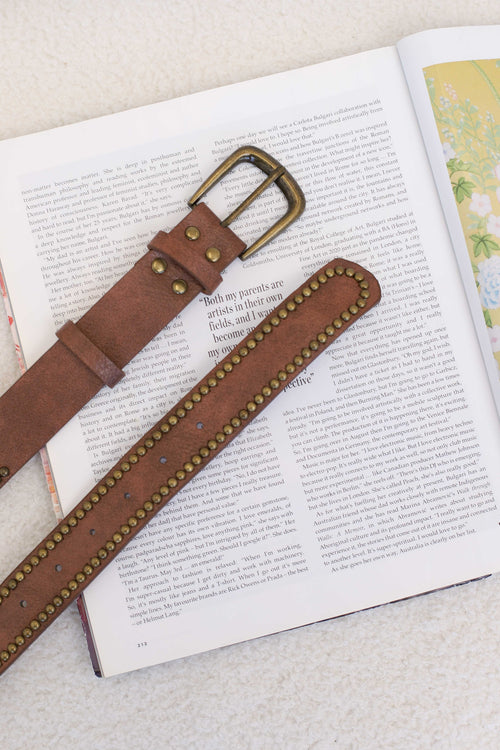 Jace PU Leather Gold Buckle Studded Belt - Brown