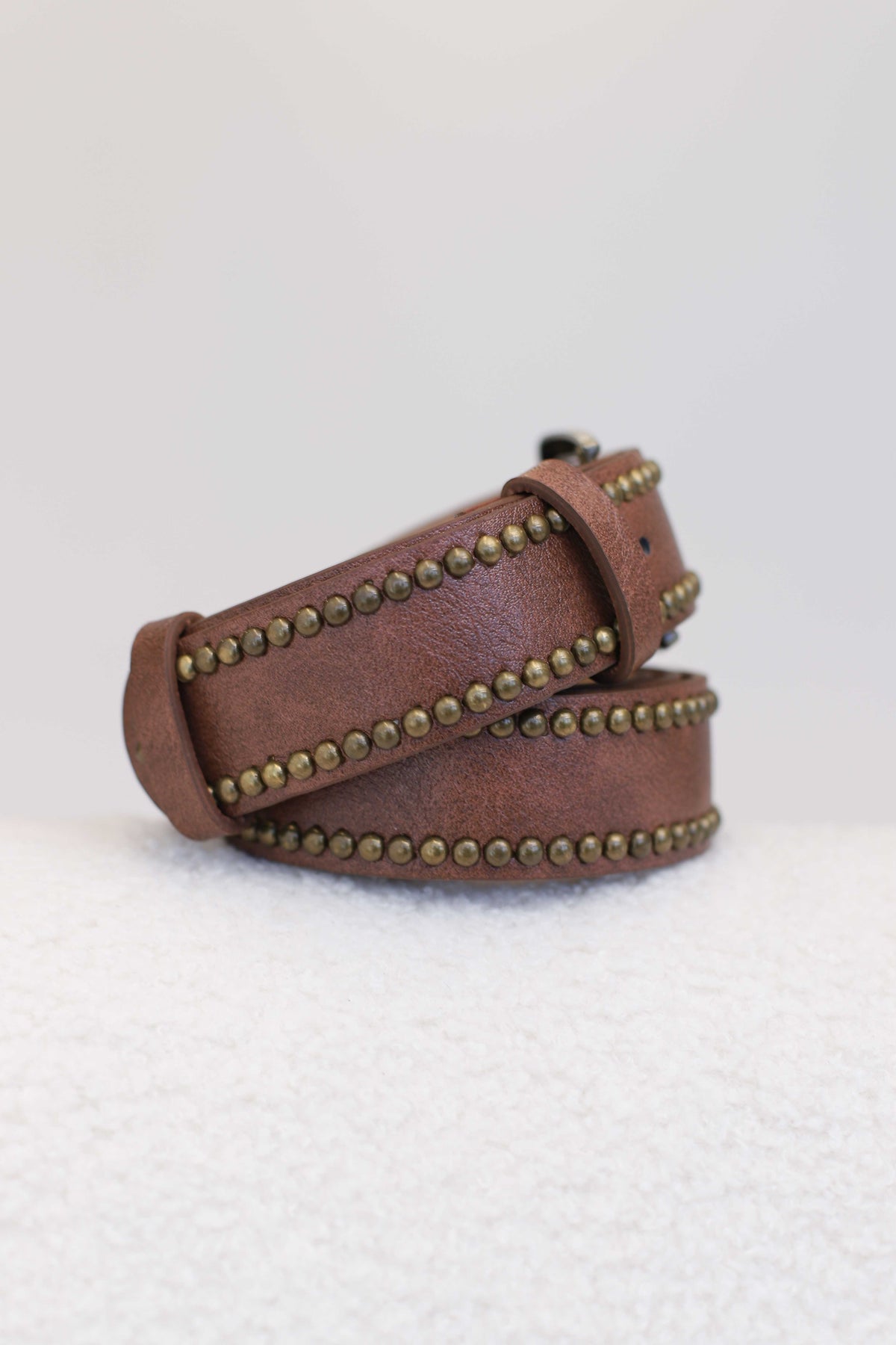 Jace PU Leather Gold Buckle Studded Belt - Brown