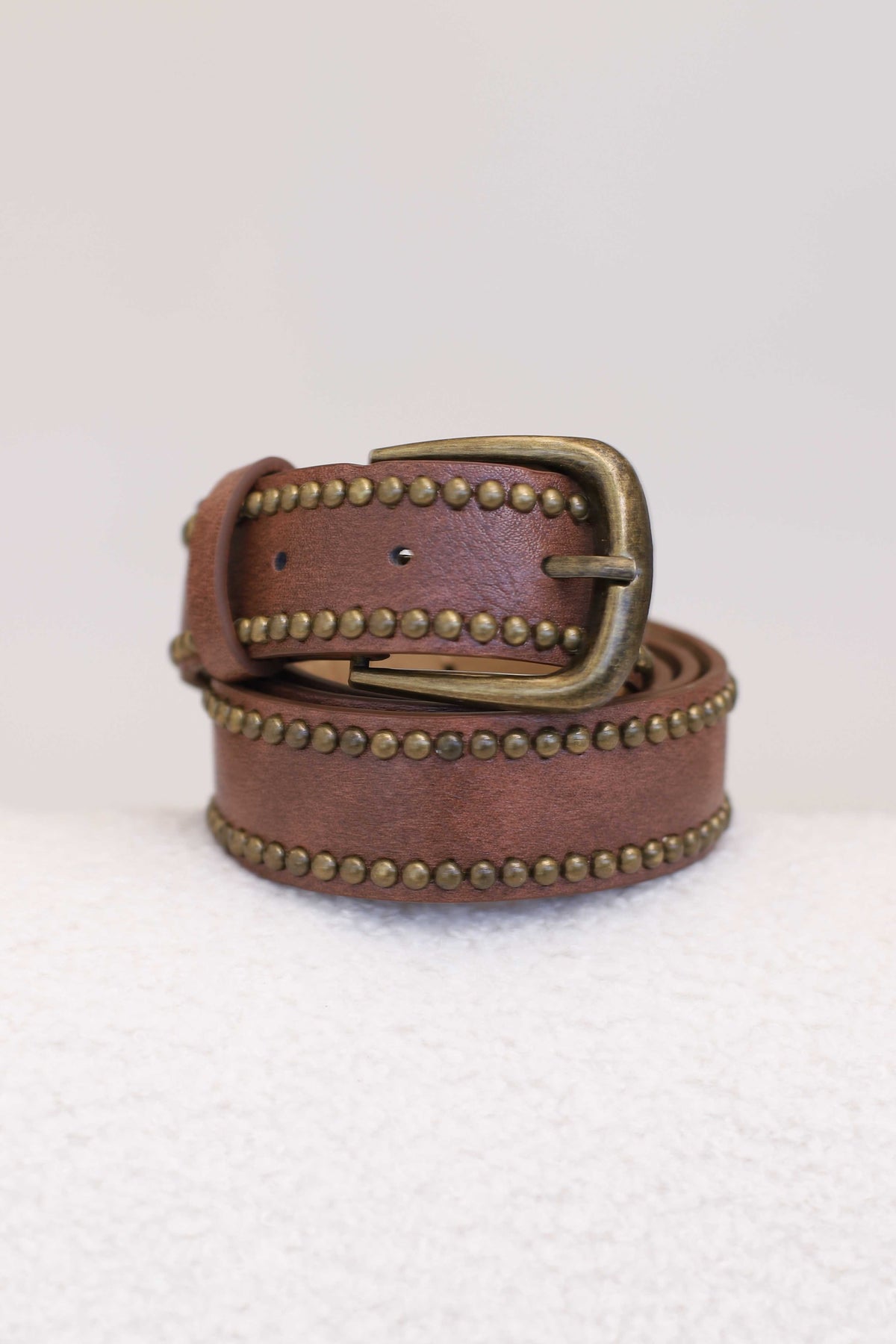 Jace PU Leather Gold Buckle Studded Belt - Brown