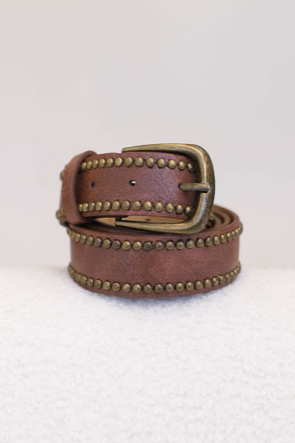 Jace PU Leather Gold Buckle Studded Belt - Brown