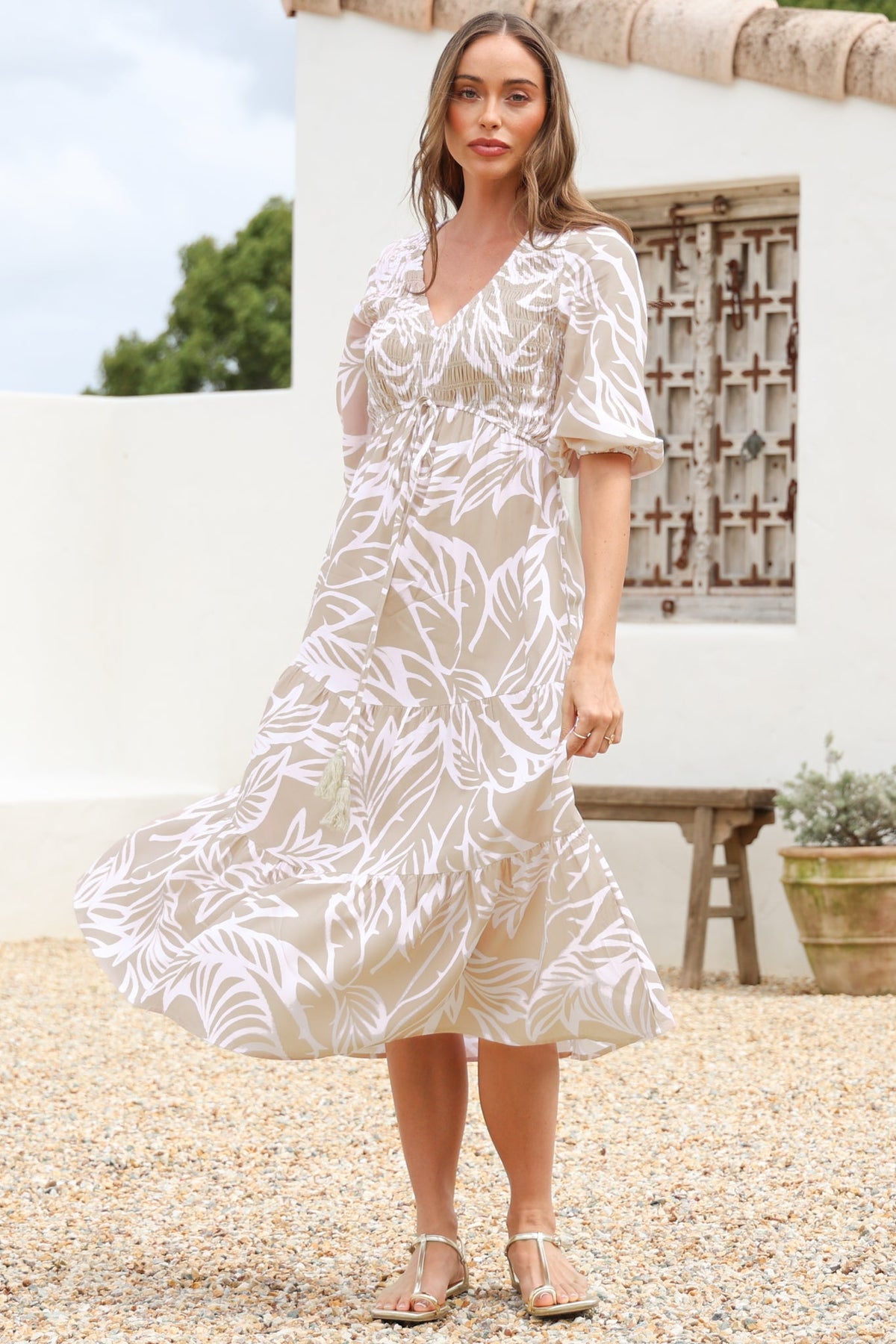 Jaden Midi Dress - Elasticated Bodice A-Line Dress in Jeani Print Beige