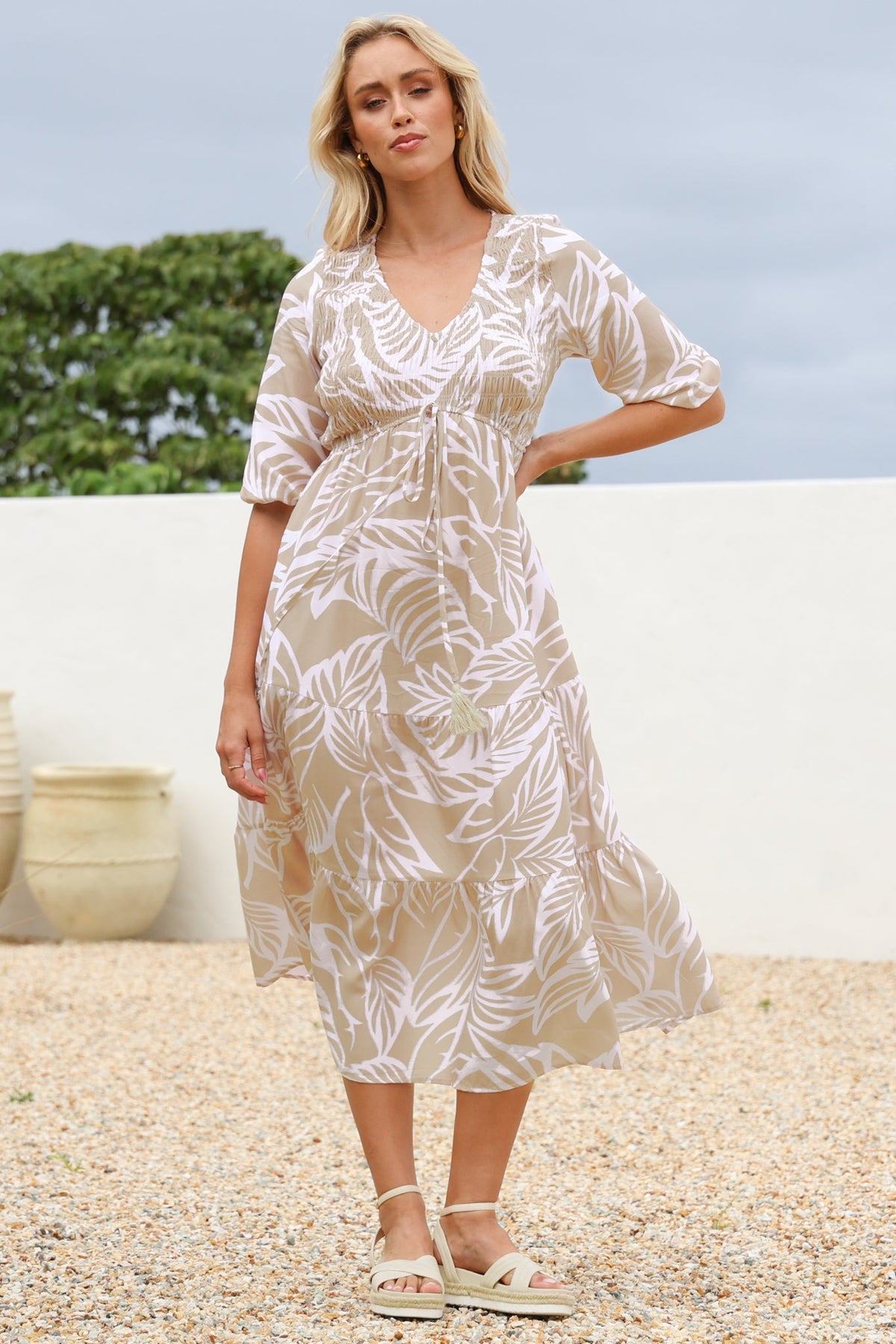 Jaden Midi Dress - Elasticated Bodice A-Line Dress in Jeani Print Beige