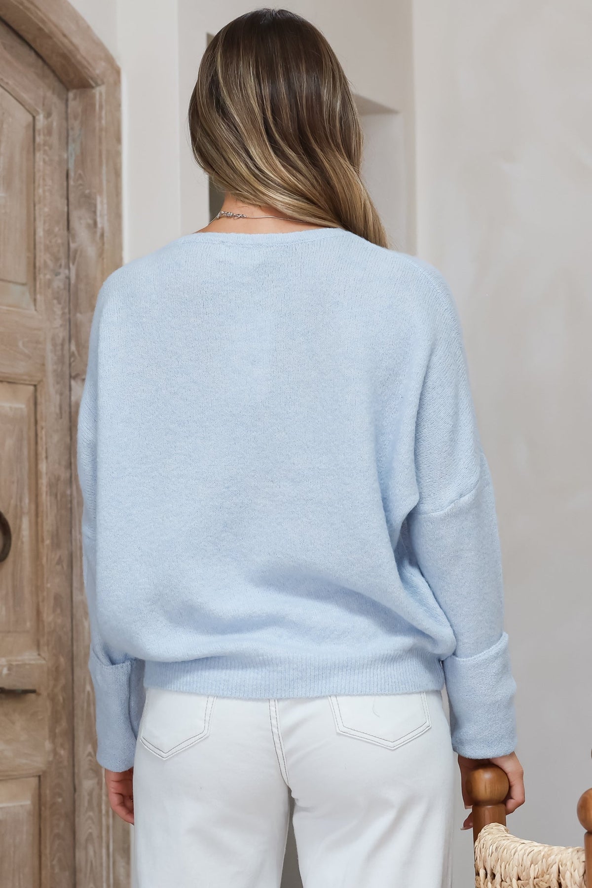 Joanne Knit Top - Crew Neckline Bat Wing Long Sleeve Top in Light Blue