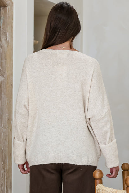Joanne Knit Top - Crew Neckline Bat Wing Long Sleeve Top in Oatmeal