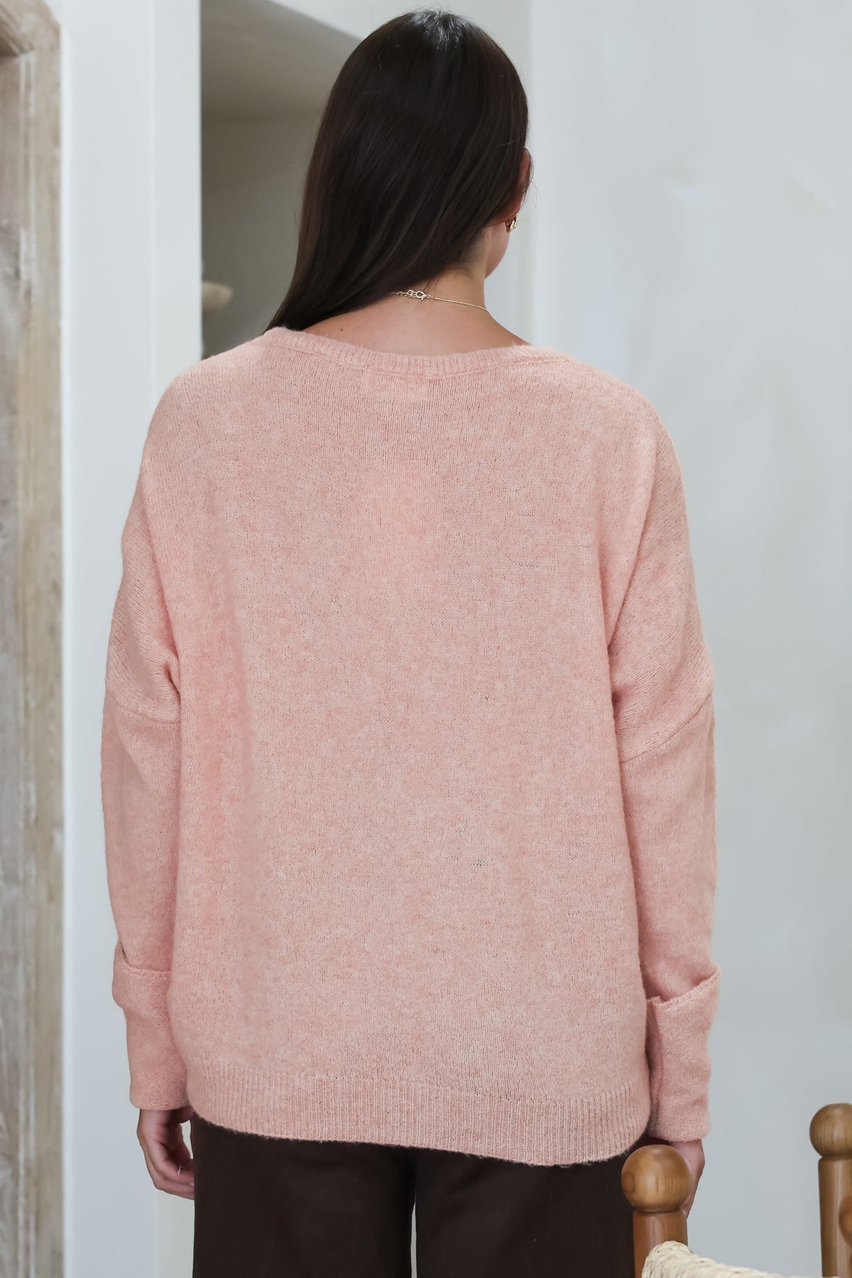 Joanne Knit Top - Crew Neckline Bat Wing Long Sleeve Top in Rose Pink